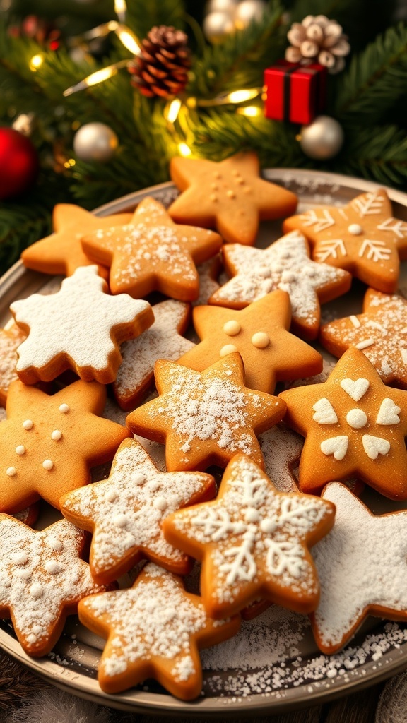 A decorative platter of Italian Christmas cookies dusted with powdered sugar, surrounded by holiday decorations.